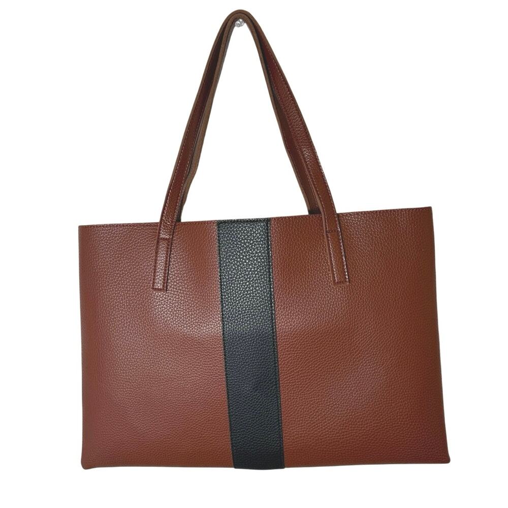 NWOT Vince Camuto 17x12 Brown Black Stripe Vegan Leather Luck Tote Laptop Bag